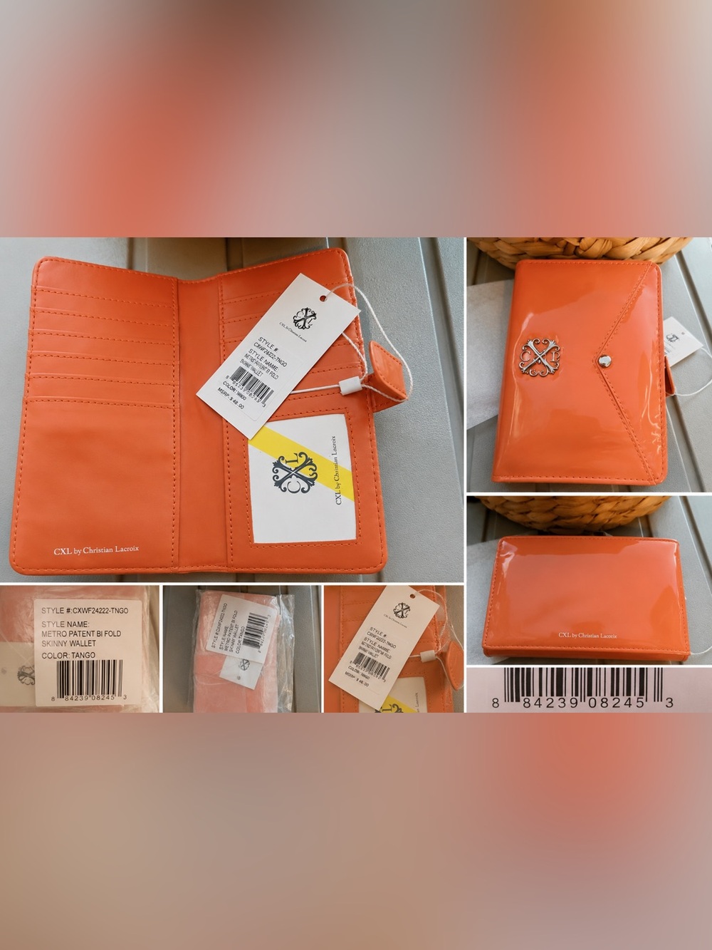 CXL by Christian Lacroix Metro Patent Bi-Fold Skinny Wallet Tango Orange NWT